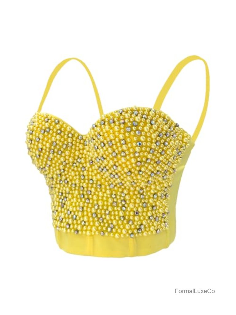 Beaded Rhinestone Bustier Crop Top With Detachable Straps Push Up Corset
